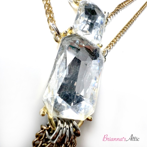 Gold Tone Long Square Crystal Necklace with Artistic Earrings - Picture 10 of 14